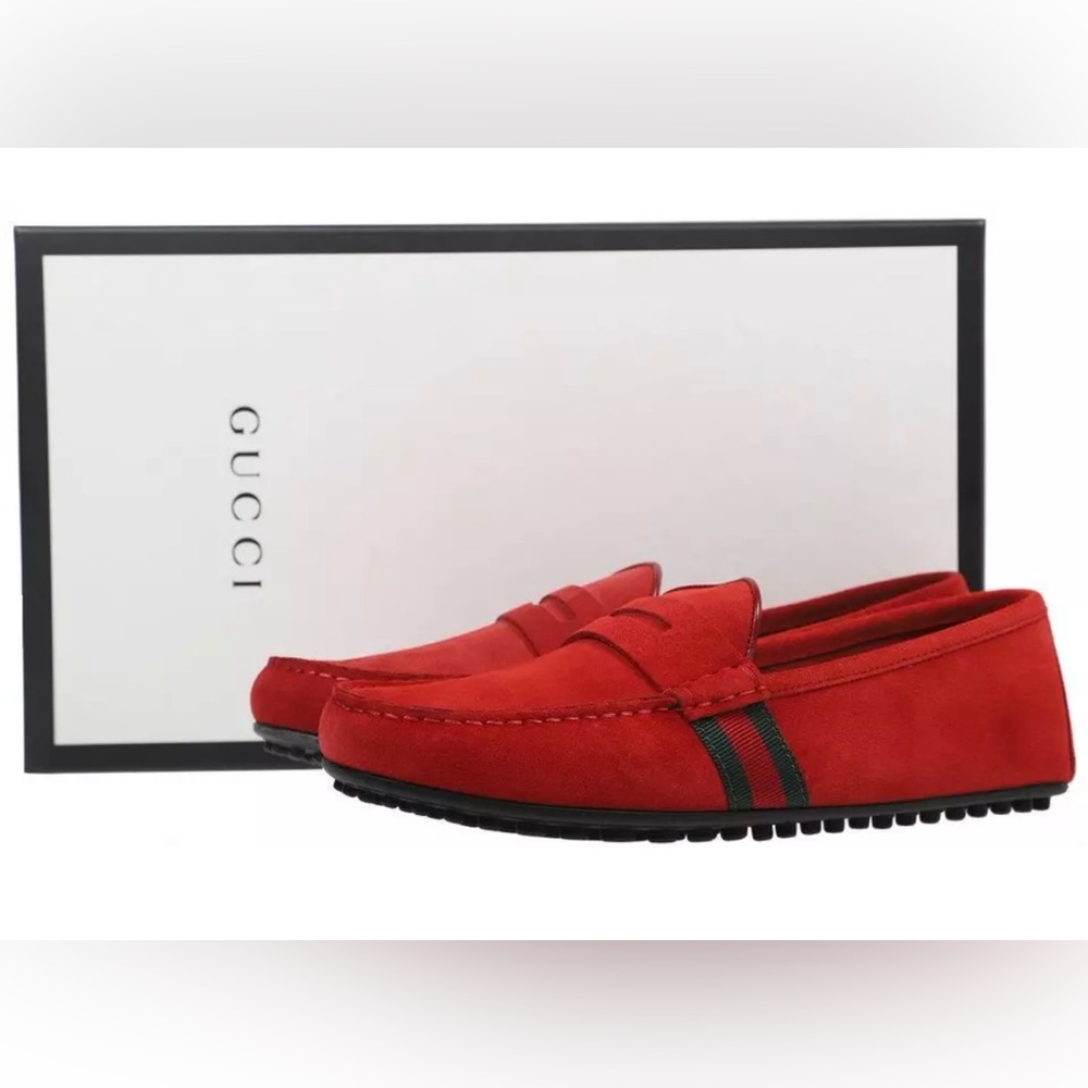 GUCCI RED SUEDE LEATHER WEB DETAIL MOCCASIN LOAFERS SHOES 5.5/US 6 NWB